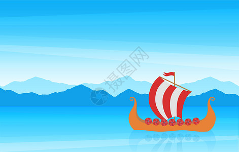 卡泰德拉美丽的卡通景色海景 有山岸和中世纪游艇Drakkar扫描插画