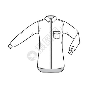 shirtShirt自扣式技术时装插图 用角度的口袋 肘折 直长袖 过大尺寸男生牛仔布设计棉布商业成人绘画套装衣服工作设计图片
