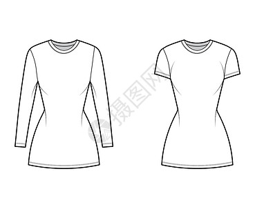 衣服袖子一套短袖 短袖和长袖 小长度 细体合身的T恤衫技术时装插图草图服装女士织物身体袖子孩子们绘画服饰裙子插画