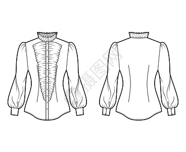苦刺花Shirt习惯 技术时装插图 用长网袖 刺花 薄贴 衣领 纽扣 古董下巴商业计算机棉布衣服女士设计衬衫男性绘画设计图片