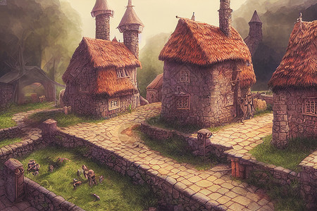 游戏村庄3D化为幻想的中世纪村庄 有很多建筑 数字艺术插图童话墙纸农村场景故事书森林土地房子天鹅王子背景