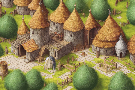 游戏村庄3D化为幻想的中世纪村庄 有很多建筑 数字艺术插图房子卡通片小屋游戏故事书绘画天鹅森林童话土地背景