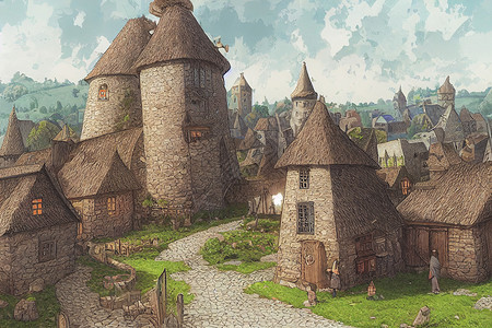 游戏村庄3D化为幻想的中世纪村庄 有很多建筑 数字艺术插图国家故事公主场景房子土地墙纸农村小屋城堡背景