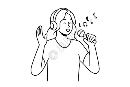 耳机唱歌快乐的女人用麦克风歌唱绘画娱乐音乐家歌曲享受女孩节日人声艺术家卡通片插画