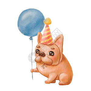 水彩卡片滑稽狗和蓝气球 可爱的法国斗牛犬 戴着节庆帽子做生日卡背景图片