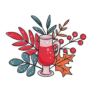 甜酒粑秋天的可爱成分 配有甜酒 浆果和叶子设计图片
