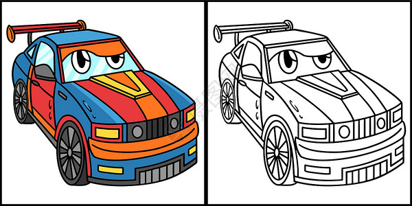 汽车前脸配有脸色车辆彩色说明的赛车插画
