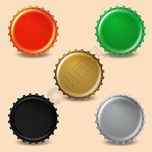 金属瓶盖不同颜色的瓶盖 黑色 白色动作捕捉 绿色 红色 金色 用于横幅 印刷材料的插图和装饰插画