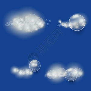 摩丝摩丝和仔仔四个版本的香波和泡沫病媒图解 以蓝底云层形式含有肥皂的泡沫设计图片