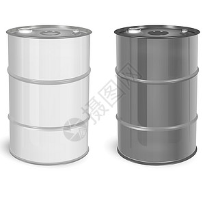 金属样机白色黑色 200 升金属桶 液体化学产品的容器-油 燃料 汽油 带有样本设计的逼真包装矢量样机模板 矢量 3d 图插画