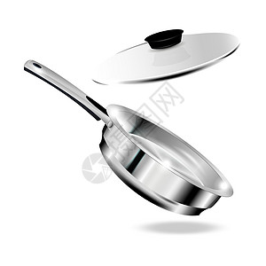用盖碗敬茶空钢煎锅的矢量现实模型 用把手和盖子 不锈钢烹饪器械在白色背景中被隔绝插画