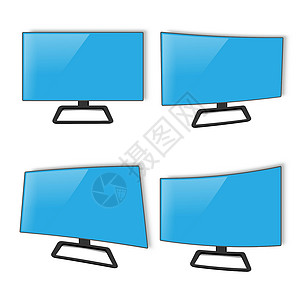 一组监视器 蓝色的弯曲电视面板屏幕 矢量3D现实设计背景图片