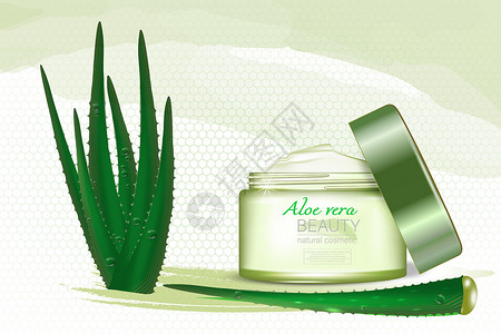 维拉吉Aloe vera工厂 配有一罐化妆品奶油 盖子开放 包装布局;海报模板 宣传美容制品的广告;现实的三维矢量图解设计图片