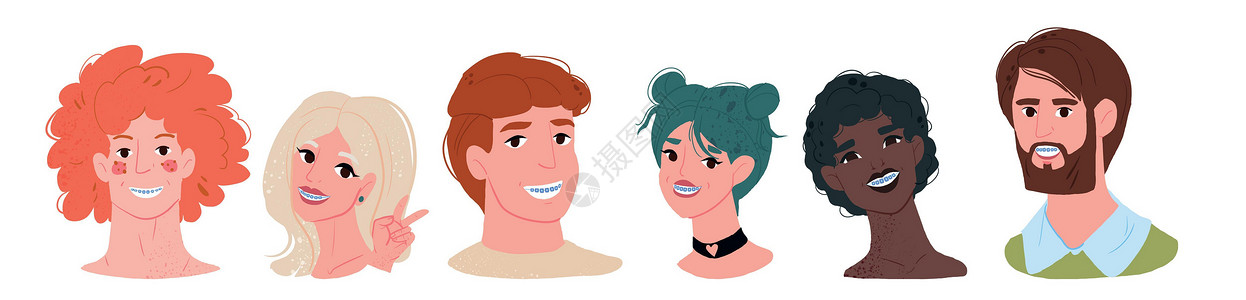 牙套脸一群快乐的卡通人物 带着牙套的不同性别插画