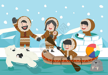 我们探索圆冰穹冰屋的美丽爱斯基摩家庭北极背景插画