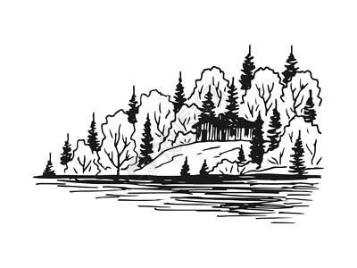 手绘松树景观 湖泊 房屋和松树 手画草图插图爬坡溪流艺术品绘画墨水乡村艺术铅笔国家手绘背景
