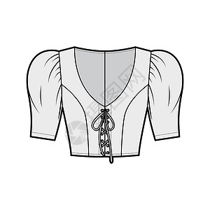 短款系带上衣技术时尚插画 短袖 蓬松的肩膀 合身 平底衫服饰袖子裙子身体女士男人绘画织物男性计算机设计图片