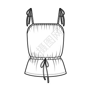棉球大赛技术时装插图 上面有系紧带 拉绳腰部 外裤长度裙子男性设计衬衫袖子女孩织物计算机球座丝绸背景图片