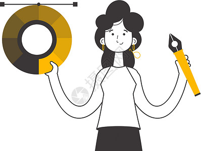 女孩与轮子女孩设计师手里握着一个彩色轮子 线条现代风格 孤立于白色背景上 矢量插图设计图片