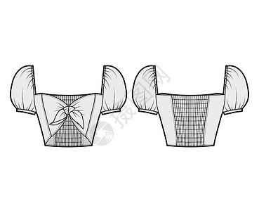 铁顶前端最高级技术时装插图 上面有弓尾 浮肿的布卢森袖子和弹性背女性计算机纺织品设计女孩球座棉布服饰女士男人设计图片