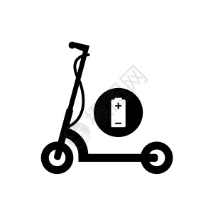 儿童滑板车电动滑板车图标 黑色风格化滑板车轮廓和能量符号的矢量插图 在背景上隔离设计图片