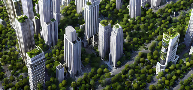 三维塔抽象的绿色城市 高层建筑和植被覆盖的梯田 用于环境建筑背景数字艺术绘画 用于书籍插图 背景壁纸 概念艺术背景