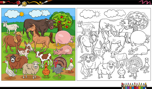 卡通农场动物字符组 彩色页面高清图片