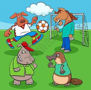 足球场上动物足球运动员的卡通背景图片