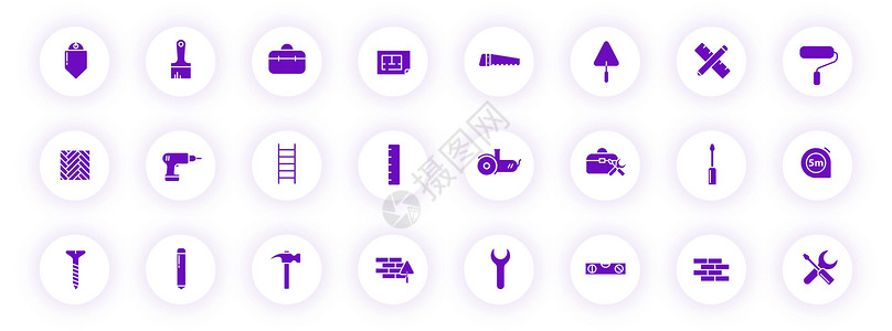 上门维修紫色颜色剪影图标上带有紫色阴影的光圆形按钮 用于 web 移动应用程序 ui 设计和打印的家庭维修矢量图标集背景图片