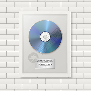 现实矢量 3d Blue CD和贴有白框架的标签 挂在砖墙背景上 单专辑 集束磁盘奖 有限版 设计模板背景图片