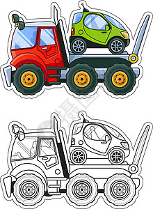 漫画拖拉机装有小汽车侧视图彩色书籍的拖车 彩色说明和线条艺术设计图片