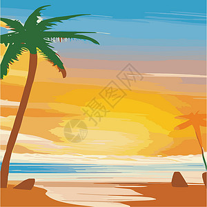 复古棕榈树海滩 具有阳光渐变的抽象背景 棕榈树剪影卡通平面全景景观 日落与棕榈树彩色背景暑假 日出或日落观光蓝色情调幸福热带天空背景图片