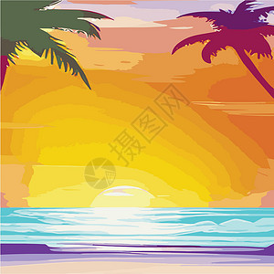 菲律宾加复古棕榈树海滩 具有阳光渐变的抽象背景 棕榈树剪影卡通平面全景景观 日落与棕榈树彩色背景暑假 日出或日落旅游冲浪观光空气圆圈海洋设计图片