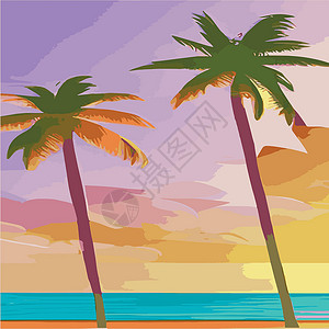 黄金海滩复古棕榈树海滩 具有阳光渐变的抽象背景 棕榈树剪影卡通平面全景景观 日落与棕榈树彩色背景暑假 日出或日落热带假期场景空气树木观光插画