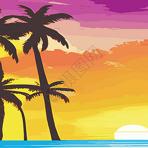 黄金海滩复古棕榈树海滩 具有阳光渐变的抽象背景 棕榈树剪影卡通平面全景景观 日落与棕榈树彩色背景暑假 日出或日落黄金晴天旅行媒体橙子阴影插画