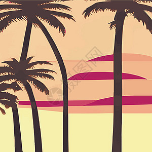 复古棕榈树海滩 具有阳光渐变的抽象背景 棕榈树剪影 标志暑假的矢量设计模板 日落与棕榈树彩色背景天空圆圈享受乡愁日出热带情调旅行背景图片