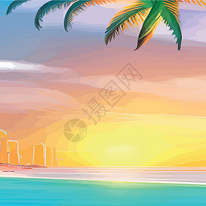 打碟师与打碟机Web 与棕榈树的迈阿密海滩在日落 与晴朗的天空的热带风景 在海滩的棕榈树 手掌的轮廓乐趣植物群沙漠天堂太阳旅行棕榈球座插图海报插画