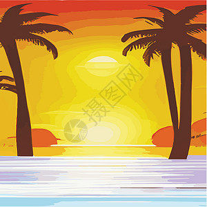 复古棕榈树海滩 具有阳光渐变的抽象背景 棕榈树剪影卡通平面全景景观 日落与棕榈树彩色背景暑假 日出或日落插图热带天空旅行广告情调背景图片