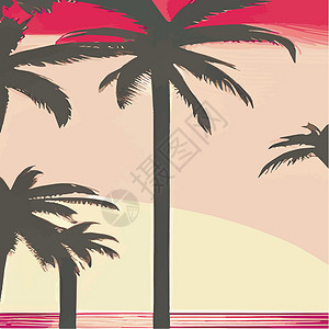 复古棕榈树海滩 具有阳光渐变的抽象背景 棕榈树剪影卡通平面全景景观 日落与棕榈树彩色背景暑假 日出或日落艺术品情调宇宙旅游打印异背景图片