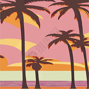 多米复古棕榈树海滩 具有阳光渐变的抽象背景 棕榈树剪影卡通平面全景景观 日落与棕榈树彩色背景暑假 日出或日落风格码头太阳橙子空气棕榈插画