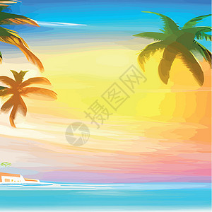 海滩长廊Web 与棕榈树的迈阿密海滩在日落 与晴朗的天空的热带风景 在海滩的棕榈树 手掌的轮廓建筑物坡度棕榈太阳天堂海洋海报长廊插图冲浪插画