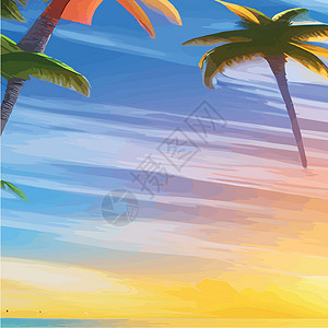 巴厘岛海滨风光Web 与棕榈树的迈阿密海滩在日落 与晴朗的天空的热带风景 在海滩的棕榈树 手掌的轮廓气候叶子插图假期棕榈旅行传单冲浪者大街乐趣插画