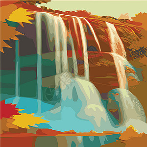 秋天森林风貌 岩石上瀑布不断形成 自然景象的矢量漫画插图玻璃环境辉光树叶公园落叶天空旅游旅行收藏设计图片