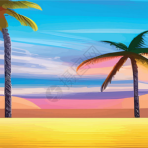 巴厘岛海滨风光Web 与棕榈树的迈阿密海滩在日落 与晴朗的天空的热带风景 在海滩的棕榈树 手掌的轮廓插图卡通片天堂艺术蓝色旅行旅游海报夕阳冲浪插画