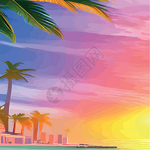 海滩长廊Web 与棕榈树的迈阿密海滩在日落 与晴朗的天空的热带风景 在海滩的棕榈树 手掌的轮廓太阳打碟机情调海景海洋城市树木棕榈卡片插图插画