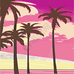 泰国涛岛复古棕榈树海滩 具有阳光渐变的抽象背景 棕榈树剪影卡通平面全景景观 日落与棕榈树彩色背景暑假 日出或日落时段社交植物媒体空气乐趣设计图片