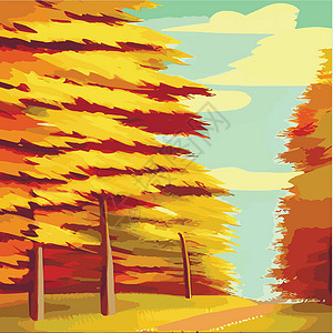 秋天全景秋天的乡村景色与日落 全景中秋叶从橙色树丛中的树上落下土地花朵橙子城市森林树木卡通片季节场地天空设计图片