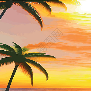 海滩长廊Web 与棕榈树的迈阿密海滩在日落 与晴朗的天空的热带风景 在海滩的棕榈树 手掌的轮廓棕榈传单木头插图海报假期邮票太阳卡片球座插画