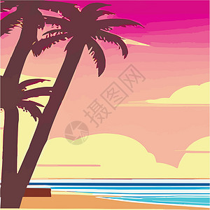 多米尼加海滩上的老式棕榈树 具有阳光渐变的抽象背景 棕榈树剪影 徽标 图标的矢量设计模板 暑假 日落与彩色背景上的棕榈树沙漠明信片冲浪假设计图片