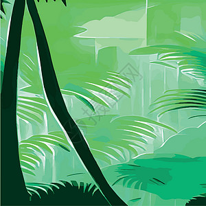穆哥红通带有红棕榈树叶的热带打印卡片 绿洲景观 手工绘制的矢量图示植物假期墙纸水果丛林情调木头森林广告环境插画
